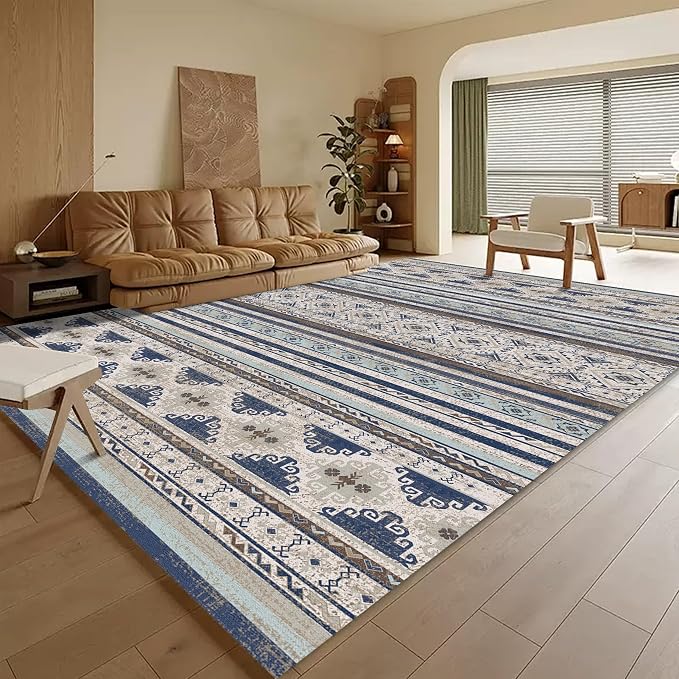 RUGSURE Washable Area Rugs 3' x 5 ' - 1/6 Thick - Moroccan-Inspired -Stain & Water Resistant Non-Slip - Resistant Rug for Living Room, Bedroom, Nursery, Pet & Child Friendly (Blue and Brown)