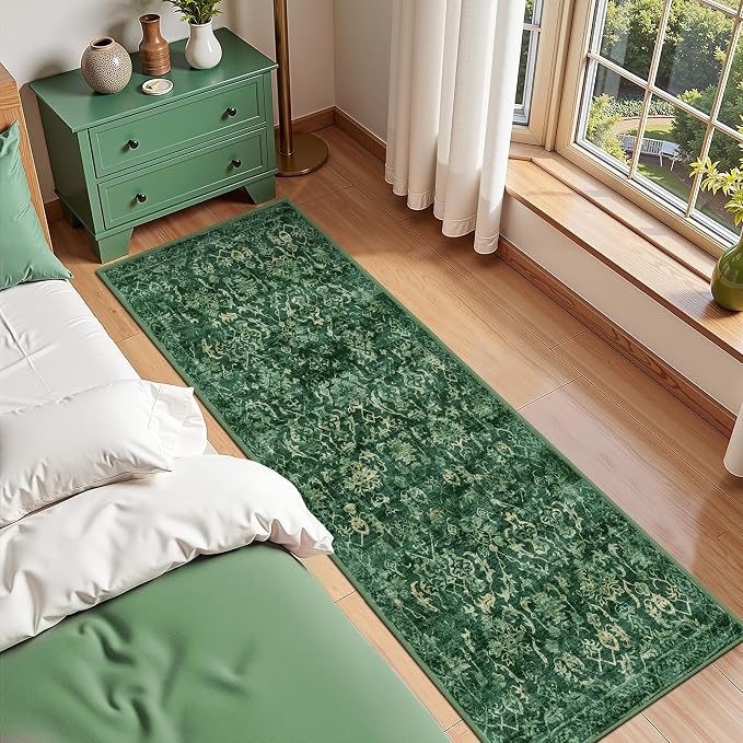 Dark Green 3x7 Runner Rug for Hallways Bed Side Kitchen, Boho Washable Distressed Low-Pile Floor Entryway Long Bathroom Mat, Non-Slip Laundry Room Washstand Front Carpet Green 36x84 Inch