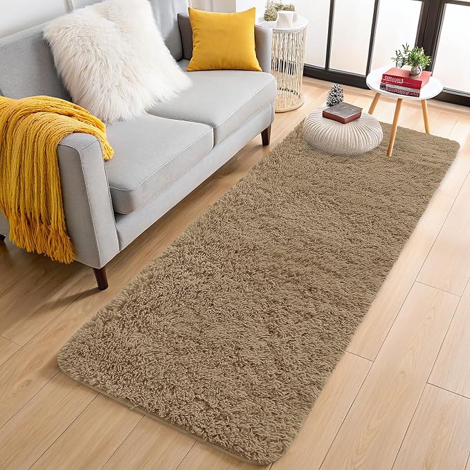 OLANLY 2x5 Machine Washable Runner Rugs for Hallway, Soft Fluffy Shaggy Bedside Rugs for Bedroom, Living Room, Indoor Floor Carpet for Kids Girls and Boys, Home Decor Aesthetic, Taupe