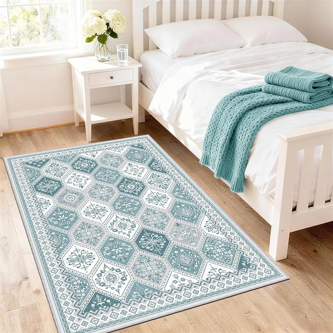Area Rugs 5x7, Washable Rugs for Living Room, Soft Non-Slip Boho Moroccan Rug, Low-Pile Printed Teal Rug for Bedroom, Dining Room, Playroom -Teal