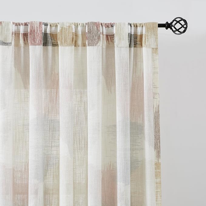 Kayne Studio Red Tan Boho Semi Sheer Curtains for Living Room Watercolor Abstract Pattern Light Filtering Drapes, 84 Inches Long Colorful Window Panels,Backtab Rod Pocket,52W x 84L Brown,2 Panels