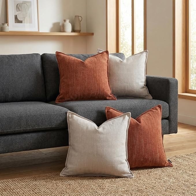 20x20 Inches Throw Pillow Covers Set of 4 Soft Textured Chenille Decorative Cushion Cases for Couch Sofa Bed Modern Farmhouse Neutral Accent Covers with Hidden Zipper Beige Orange