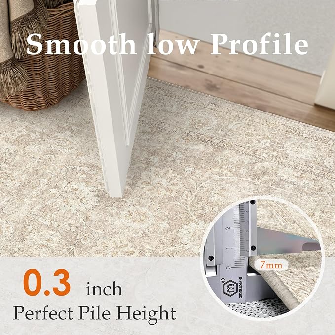 PureCozy 2x6 Beige Runner Rug for Hallway Kitchen Washable Non Slip Indoor Carpet Distressed Low Pile Soft Retro Accent Throw Rug for Laundry Entryway Bathroom Bedroom Living Room