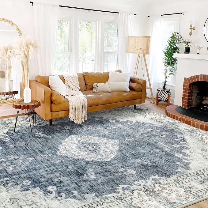 MUJOO 9x12 Area Rug Washable Boho Rug Non Slip Low-Pile Floral Large | Machine Washable Throw Carpet for Living Room Bedroom Dining Room Soft Big Floor Indoor Flowers Blue and Grey