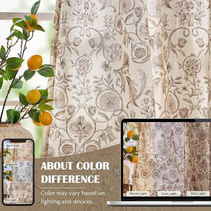 jinchan Linen Floral Curtains for Living Room with Printed Flower 96 Inches Long Light Filtering Farmhouse Window Treatment Vintage Drapes Back Tab Rod Pocket 2 Panels Taupe on Beige