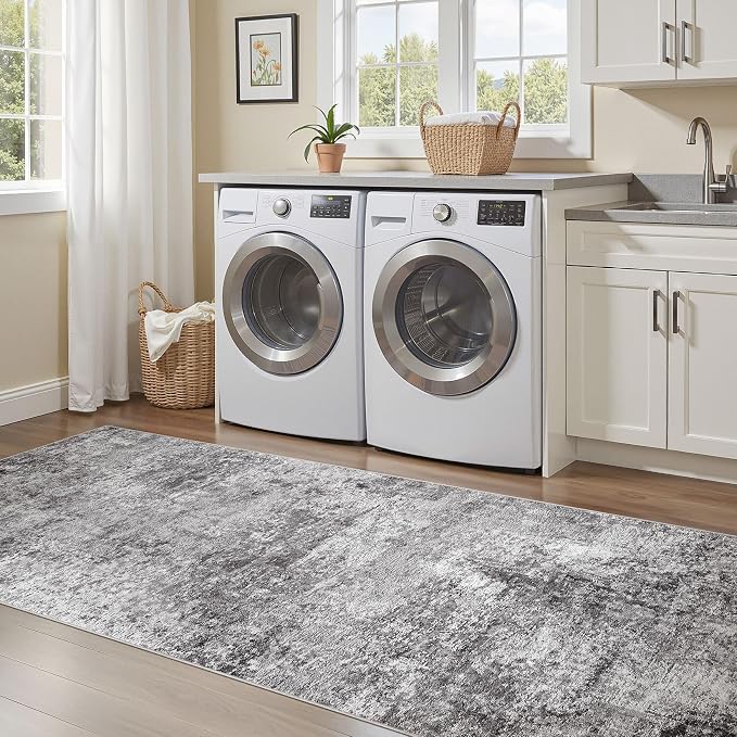 DMOYEST Washable Runner Rug for Hallway: 3x12 Neutral Modern Abstract Low Pile Area Rug with Non-Slip Backing - Carpet for Bedroom Kitchen Laundry Entryway Bathroom Indoor - Grey