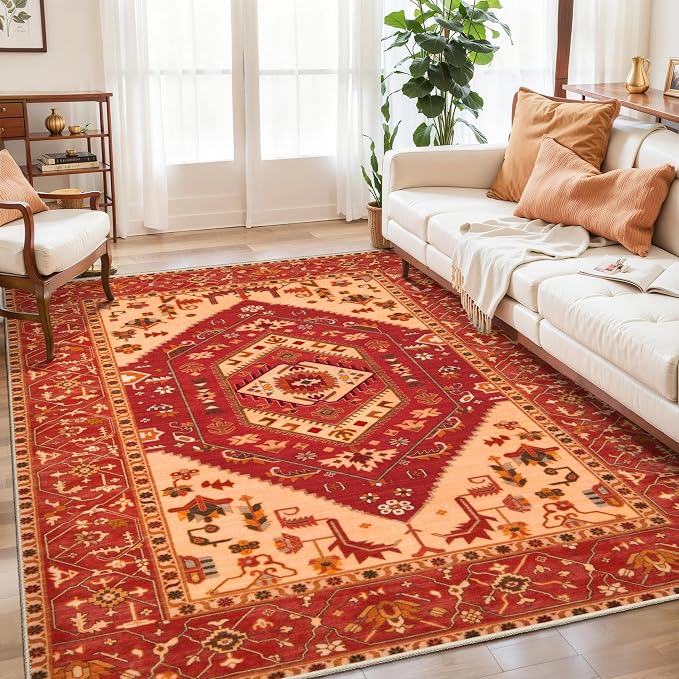SERISSA 5x7 Boho Area Rug, Washable Non-Slip Rugs for Living Room, Large Red Rug Ultra Soft Vintage Oriental Print Distressed Carpet for Bedroom Dining Room Dorm Office Home Decor