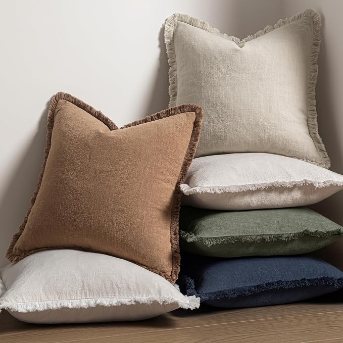 MIULEE Decorative Throw Pillow Covers Neutral Linen Fringe Throw Pillows Set of 2 Brown Boho Farmhouse Cushion Covers with Tassels for Couch Sofa Bed Living Room Fall Home Decor 20x20 Inch