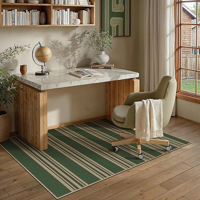 PureCozy Outdoor Rug 4x6 Washable Striped Jute Look Non Slip Carpet | Green and Tan Stripe Farmhouse Style, Indoor Outdoor Area Rugs for Patio, Living Room, Dining Room, Non Shedding, Neutral Rug