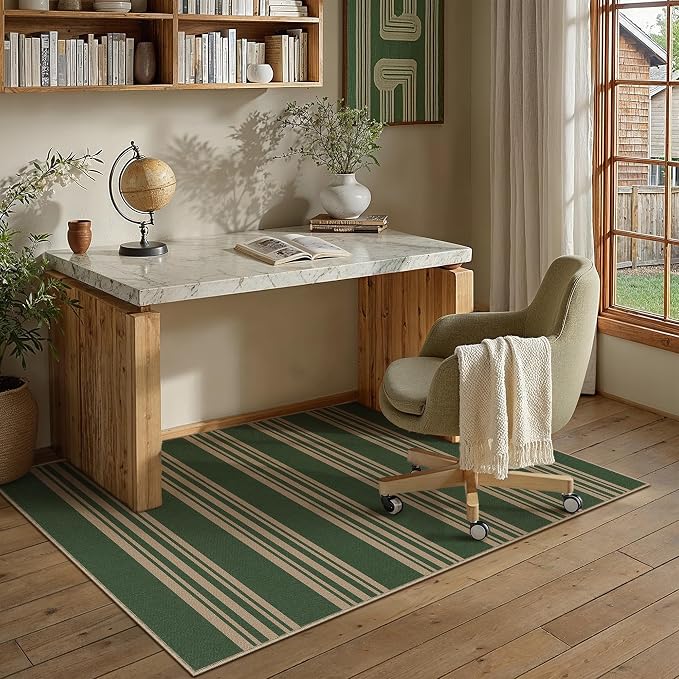 PureCozy Outdoor Rug 3x5 Washable Striped Jute Look Non Slip Carpet | Green and Tan Stripe Farmhouse Design, Indoor Outdoor Rug for Entryway Kitchen Bathroom Bedroom, Non Shedding, Neutral Decor