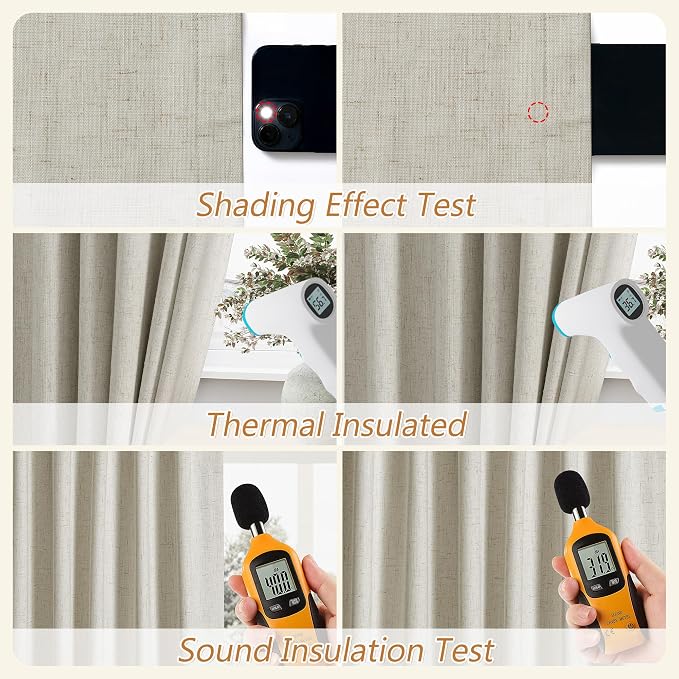 Guken 100% Blackout Linen Curtains for Bedroom 96 inches Long, Thermal Insulated Room Darkening Black Out Drapes for Living Room, Back Tab Rod Pocket 2 Panels Set,Eggshell Beige,52x96