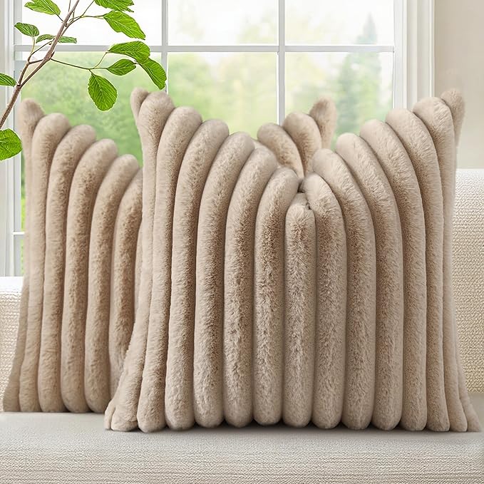 decorUhome Fall Faux Fur Throw Pillow Covers 16x16 Set of 2 Khaki Brown | Decorative Soft Cozy Striped Plush Modern Farmhouse Boho Couch Pillow Cases Velvet Back for Sofa Bed Living Room Home Decor