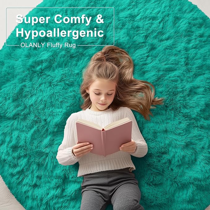 OLANLY Teal Green Round Rugs for Bedroom - Machine Washable, 9 ft Circle Area Rugs for Living Room, Soft and Fluffy Shaggy Carpet for Teen Girl and Boys, Nursery Rooms, Dorms, Home Decor Aesthetic