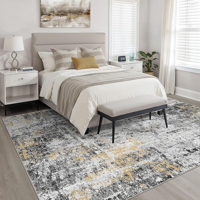 10x12 Area Rug Living Room: Washable Large Neutral Rug Abstract Soft Modern Stain Resistant Indoor Floor Non-Slip Carpet for Bedroom Nursery Kids Office Playroom Dining Room Under Table- Black Gold