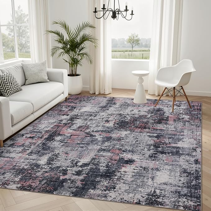 Sasttie 6x9 Soft Area Rug for Living Room, Modern Abstract Washable Carpet for Bedroom, with Non-Slip Backing, Black and Pink