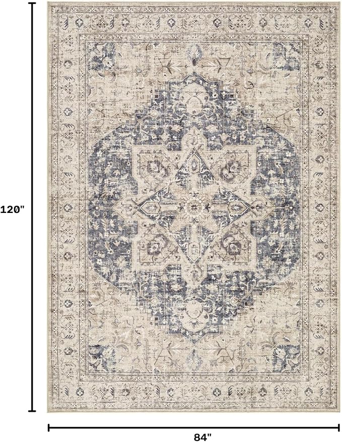 Tortania Area Rug Living Room Rugs - 7x10 Washable Boho Rug Vintage Oriental Distressed Farmhouse Large Thin Indoor Carpet for Living Room Bedroom Under Dining Table Home Office - Cream/Blue