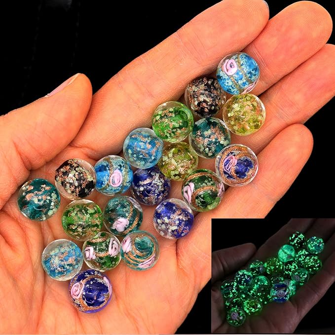 Artsy Crafts 20 Pcs Assorted Glow in The Dark Firefly Beads 12mm European Lampwork Luminous Glass Beads for Jewelry Making Charm Bracelet Necklace Earrings Crafts (Blue Series 20pcs)