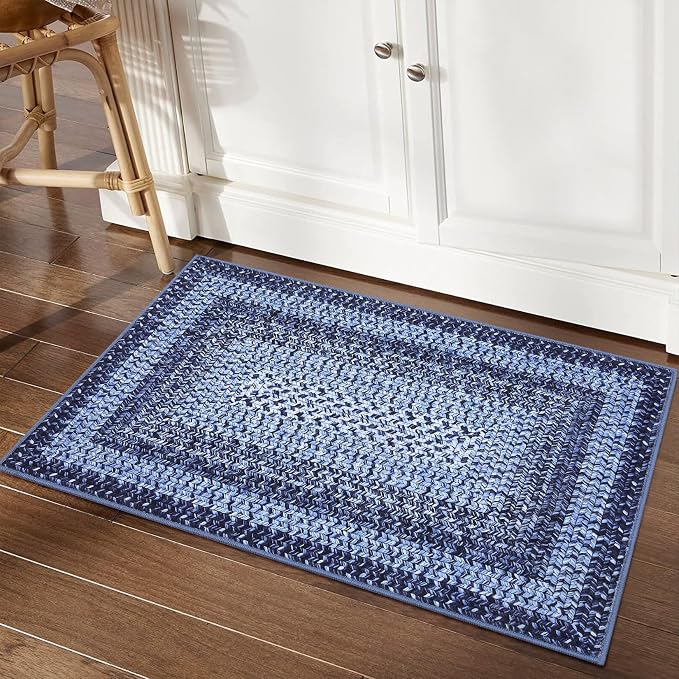 RUGSREAL 2x3 Entryway Rug Small Bedroom Area Rug Braided Printed Mat for Living Room Farmhouse Kitchen Mat Indoor Non Slip Rustic Throw Carpet Machine Washable Rug for Sink Under Table, Navy
