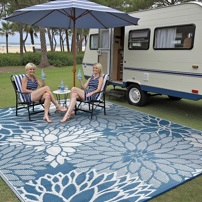 HUGEAR 9'x12' Outdoor Rug Waterproof Plastic Straw Rugs Large Blue Reversible Floral Mat Floor Carpet for Camping RV Deck Entryance Porch Picnic Balcony Beach Backyard