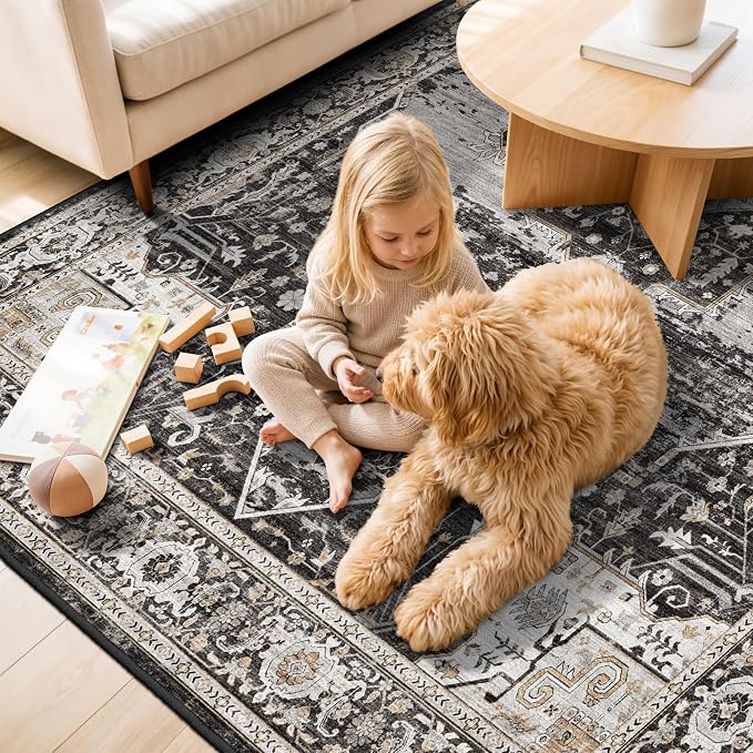RUUGME Washable 5x7 Area Rugs - Large Rugs for Living Room Stain Resistant Carpet Vintage Rugs for Bedroom with Non Slip Backing Home Decor Floor Decoration Mat (5x7 Black)