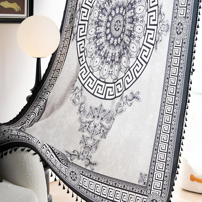 Black Medallion Curtains 54 Inches Long, Boho Farmhouse Light Filtering Rod Pocket Drapes with Tassel Trim for Bedroom Living Room, 2 Panels