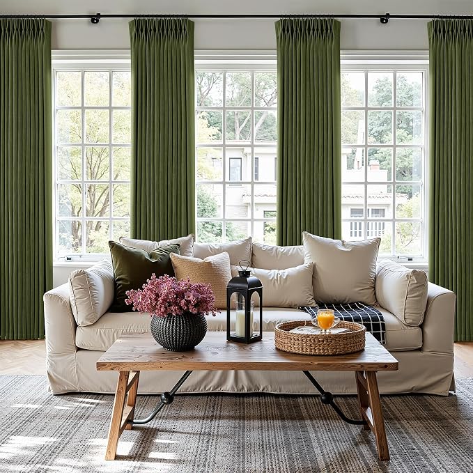 Olive Green Pleated Linen Curtains 84 Inches Long for Living Dining Room Bedroom Light Filtering Boho Window Drapes 2 Panels with Hooks Rings Clips Sliding Glass Door Semi Sheer Curtain Pinch Pleat
