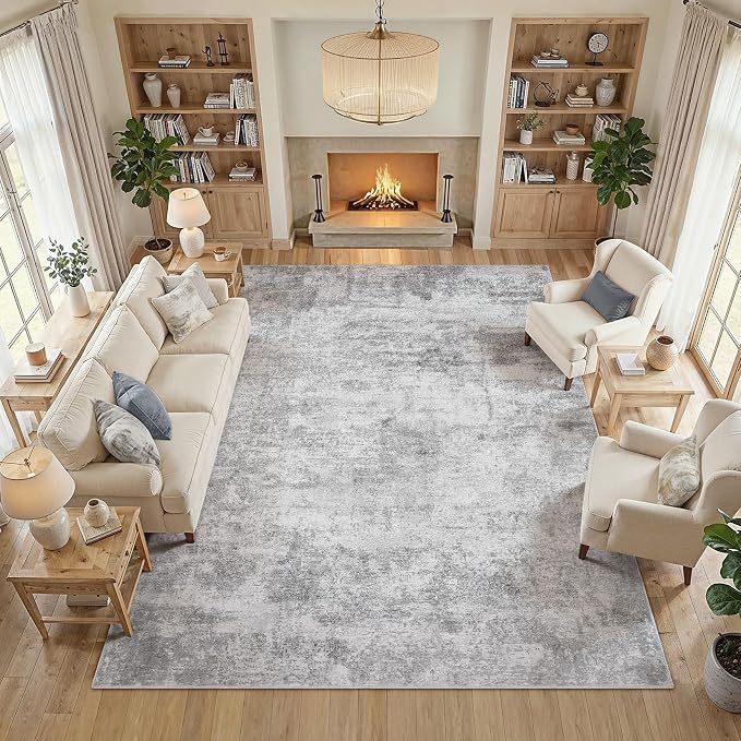 cotiled 9x12 Rugs for Living Room Abstract Soft Non Slip Washable Area Rug | Stain Resistant, Robot Vacuum & Pet Friendly, Low-pile, For Living Room, Bedroom, Dining Table, Nursery Grey