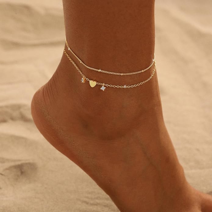 Ankle Bracelets for Women 14K Gold/Silver Plated Cross Heart Bead Anklet Waterproof Adjustable Chain Non Tarnish Cute Boho Trendy Dainty Summer Beach Foot Jewelry Gift for Her
