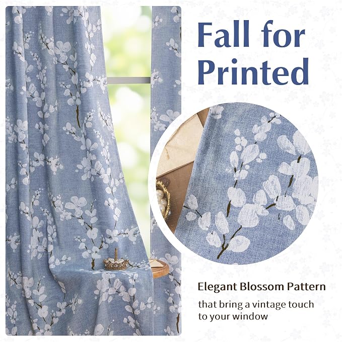 FMFUNCTEX 100% Blackout Blue Floral Curtains 90 Inch Long Grommet 2 Panels | Black Out Drapes, Thermal Insulated Cottage Farmhouse, Blossom Flower Patterned Curtain for Bedroom, Living Room Darkening