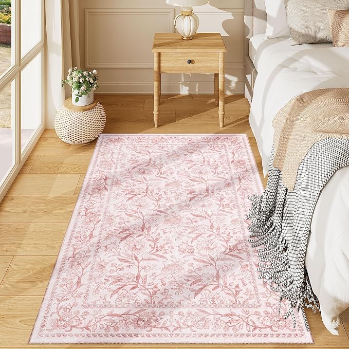 DUKINO 3x5 Rug Washable Vintage Floral Bedroom Area Rug Non Slip Light Pink | Low Pile, Non-Shedding, Stain Resistant Boho Lightweight Soft Indoor Carpet for Bathroom Office Dining Living Room Farmhouse