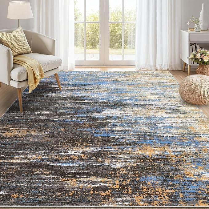 ROYHOME Modern Abstract Living Room Rug 10x13, Machine Washable Large Carpet, Non Slip Low Pile Throw Rug, Ultra Soft Indoor Floor Carpet for Bedroom Dining Room Table Home Decor, Blue/Brown