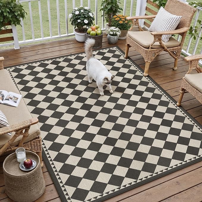 HUGEAR 5x7 Outdoor Rug Black/Beige Linen-Look Fabric Checkered Area Rug High Traffic Stain Resistant Easy Clean Durable Rugs for Indoor/Outdoor Patio Deck Balcony Porch Garden Courtyard