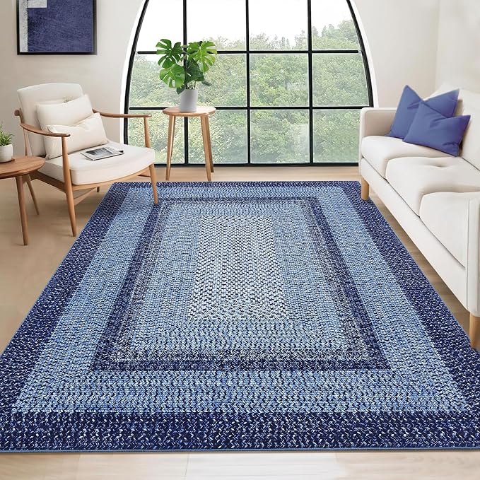 RUGSREAL Boho Rug 4x6 Bedroom Machine Washable Rug Braided Print Floor Cover Indoor Non Slip Throw Carpet Dining Room Small Carpet Farmhouse Rustic Accent Rug for Living Room Home Decor, Navy