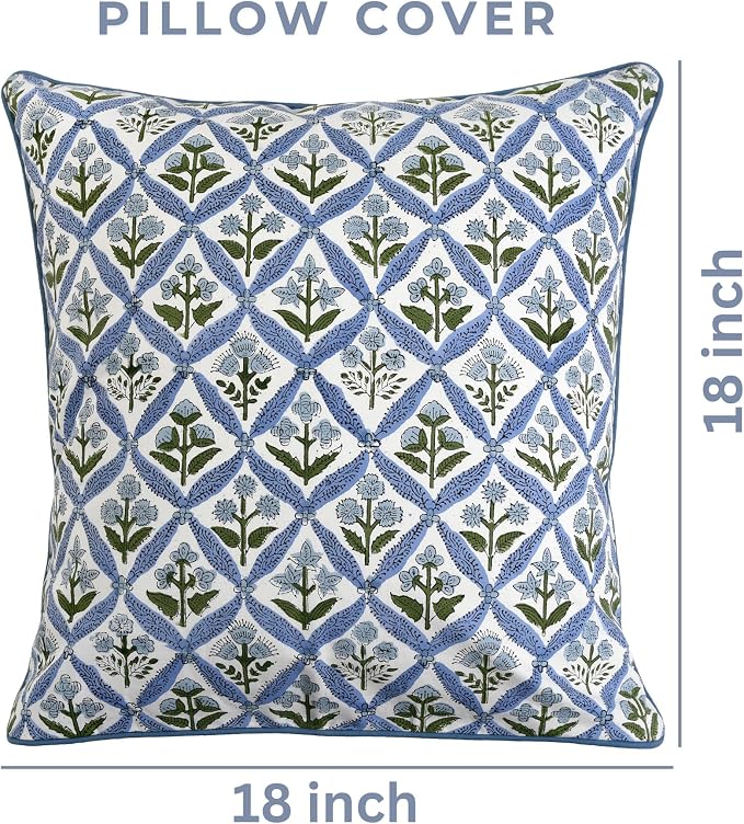 Ridhi Block Print Light Steel Blue Pillow Cover 18" x 18" (Pack of 2) Decorative Couch Pillows for Living Room, Chic Boho Cute Outdoor Pillows Covers Gifts for Spring, Easter and Valentine