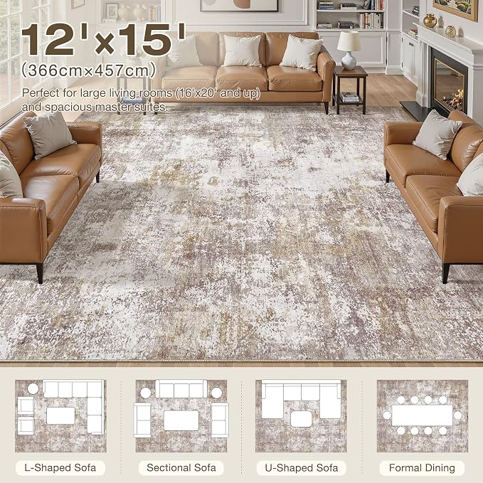 12x15 Area Rugs for Living Room, 12x15 Rug Washable High-Low Pile | Neutral Modern Abstract Carpet, Non Slip Lightweight Soft Made for Dining Room, Home Office Indoor Decor - Gold Brown