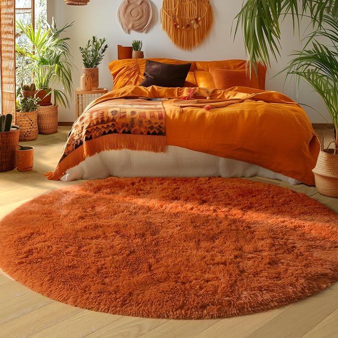 Amdrebio Burnt Orange Large Round Rugs 7Ft for Living Room Bedroom, Shaggy Plush Fuzzy Furry Circle Area Rugs for Kids Room Decor Aesthetic, Fluffy Shag Dark Orange Carpet for Nursery Dorm Classroom