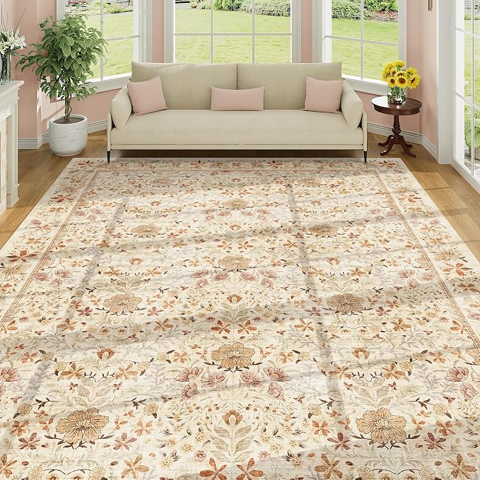 DUKINO 8x10 Area Rugs, Vintage Floral Washable Rug for Living Room, Beige | Non Slip, Low Pile, Non-Shedding, Stain Resistant, Aesthetic Soft Indoor Large Carpet for Bedroom, Dining Room, Farmhouse