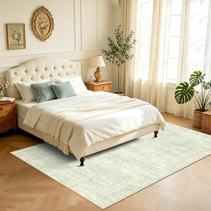Washable Rugs 5x7, Vintage Boho Carpet for Nursery, Light Green | for Bedroom and Living Room, Low Pile Indoor Neutral Area Rug with Non-Slip Silicone Backing, Non-Shedding