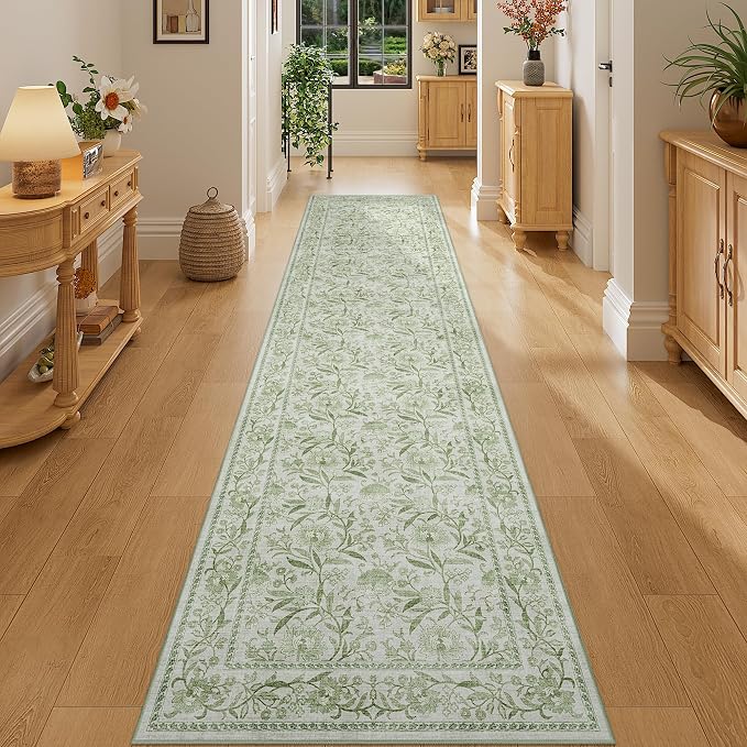 DUKINO 2.6x8 Runner Rug, Washable Vintage Floral Kitchen Runners Sage Green | Non Slip, Low Pile, Non-Shedding Soft Carpet for Hallway Bathroom Laundry Entryway Bedroom Farmhouse, Kids and Pets Friendly