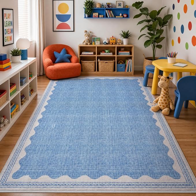 GarveeHome Scalloped 3x5 Area Rug Washable Non-Slip Low-Pile Indoor Rugs for Entryway Solid Blue Modern Minimalism Carpet for Bedroom Living Room Kitchen Bathroom Door Mat