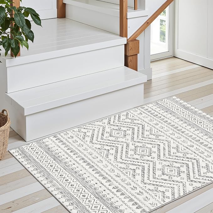 Miukiki 2x3 Entryway Rug Moroccan Washable Non Slip Indoor Floor Carpet Foldable Thin Rug for Dining Room Bedroom with Low Pile(Grey,2'x3')