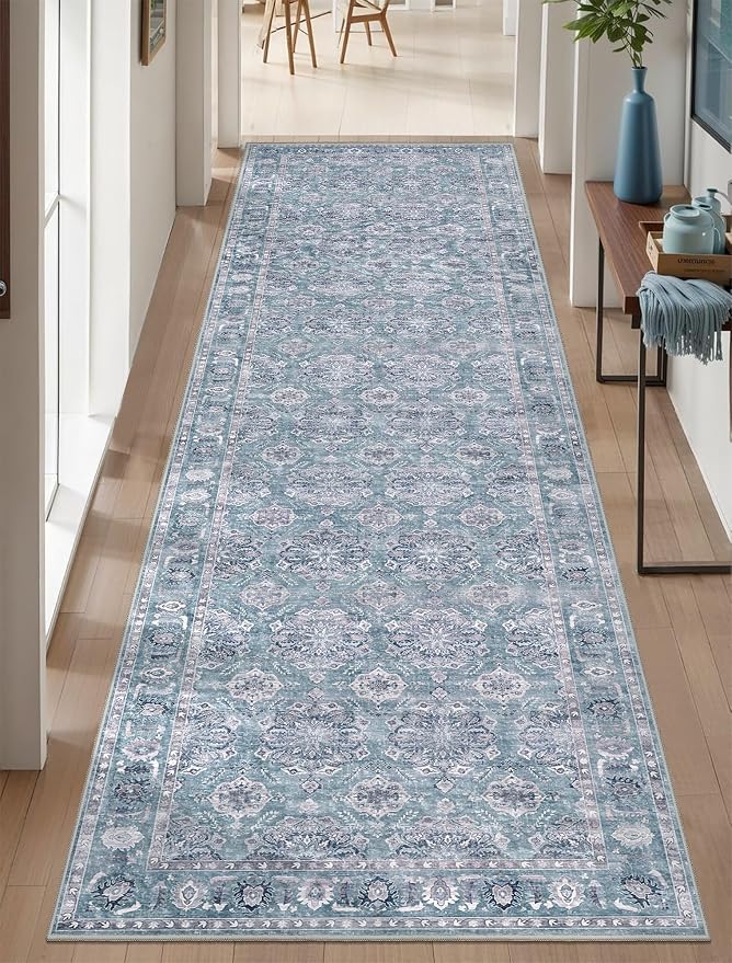 SERISSA Boho Washable Runner Rug, 2'6"x10' Long Non-Slip Vintage Floral Hallway Kitchen Stair Runner Rug Ultra Soft Print Distressed Blue Grey Floor Carpet for Bathroom Laundry Room