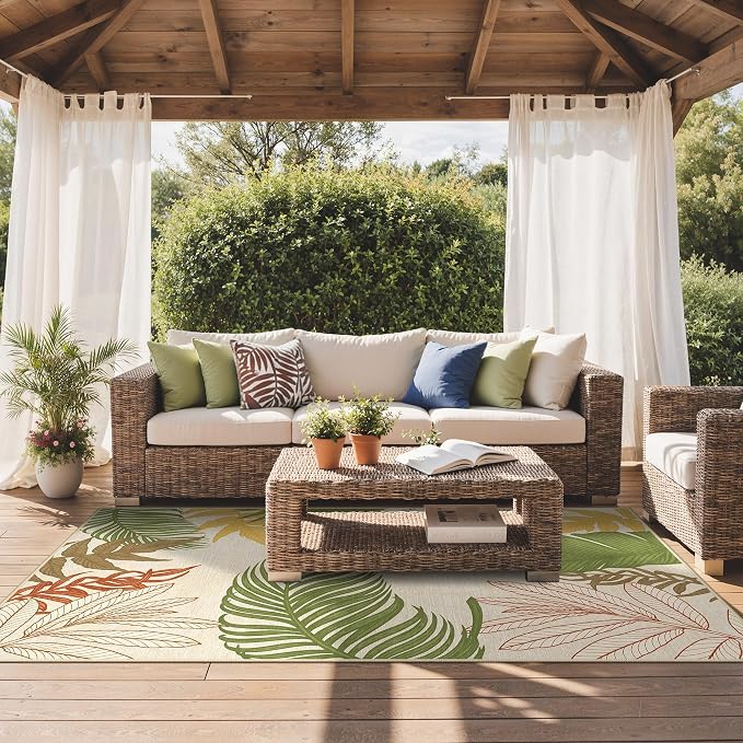 GENIMO 5x8 Outdoor Rug, Washable for Patio and Deck, Beige Green | Botanical leaf design for porch; fade resistant chenille with quick-dry non-slip backing for indoor sunroom.