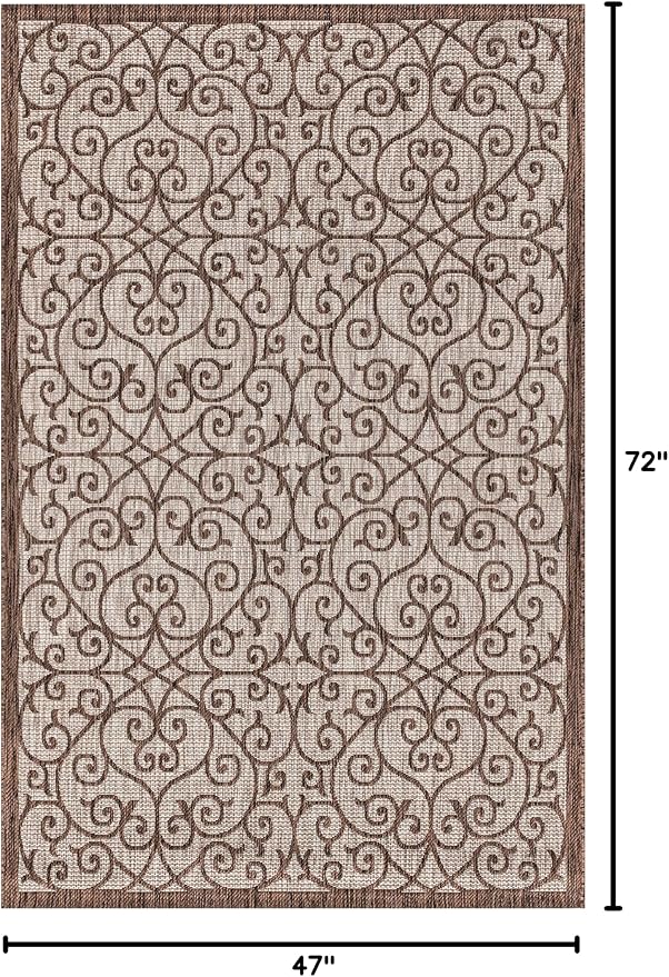 JONATHAN Y Vintage Filigree Indoor Outdoor Area Rug 4X6 Taupe/Espresso, Madrid Textured Weave for Backyard, Patio, Porch, Easy-Cleaning, High Traffic, Pet-Friendly, Non-Shedding (SMB107C-4)