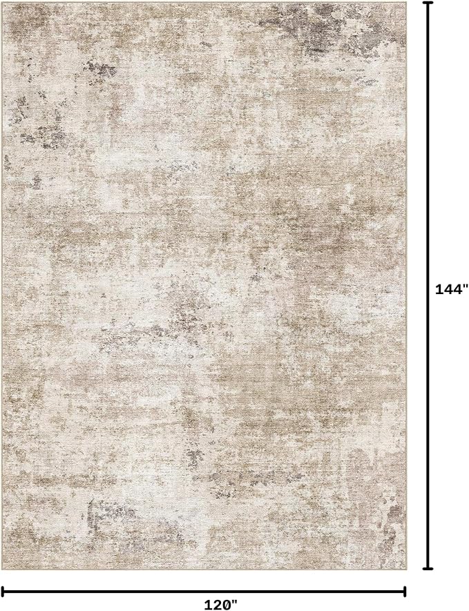 Abstract 10x12 Area Rug: Machine Washable Non Slip Ultra Thin Low-Pile Carpet, Soft Stain Resistant for Living Dining Room Bedroom, Kid Pet Friendly, Robot Vacuum Compatible - Brown