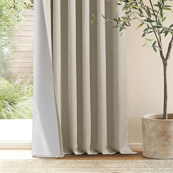 Burlywood Birch Pleated Blackout Linen 90 Inch Long Curtains 60 Inch Wide | 100% Black Out, Memory Trained, Pinch Pleat with Back Tab, Energy Efficient, Thermal Insulated Neutral Drapes W60xL90 1 Panel