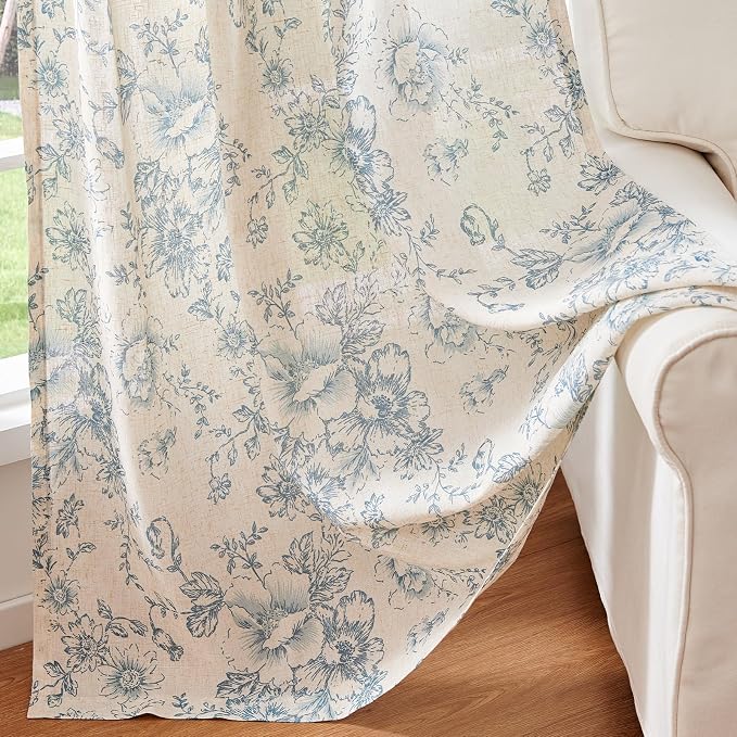 jinchan Blue Floral Linen Curtains 45 Inch Vintage Back Tab 2 Panels | Light filtering drapes, semi sheer, farmhouse, cottagecore, rustic, living room, bedroom, rod pocket, window treatment