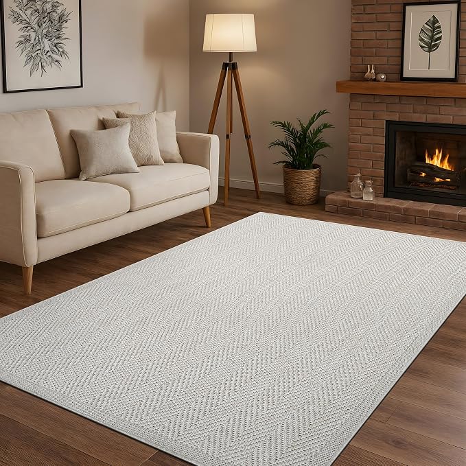 CAMILSON Easy Jute Rug 5x7, Indoor Outdoor Off-White Color Fiber Area Rugs for Living Room Patio and Kitchen Rug Herringbone Seagrass Woven Design Easy-Cleaning Washable Outside Carpet Alfombras 5 x 7