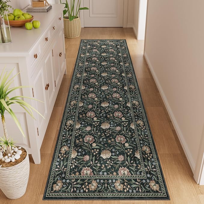 DUKINO 2x6 Runner Rug, Washable Vintage Floral Kitchen Rug, Dark Green | Non Slip, Low Pile, Non-Shedding, Stain Resistant Soft Carpet Runner for Hallway Bathroom Entryway Bedroom Laundry Farmhouse
