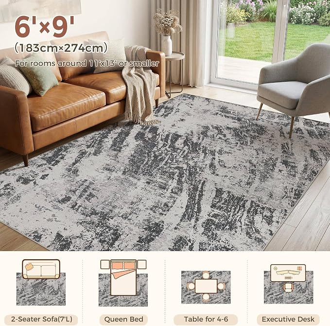 DMOYEST 6x9 Washable Area Rug: Abstract Modern Non-Slip Carpet, Soft Low Pile Indoor Neutral Easy Clean Floor Rugs for Living Room Bedroom Dining Room Kids & Pets - Black